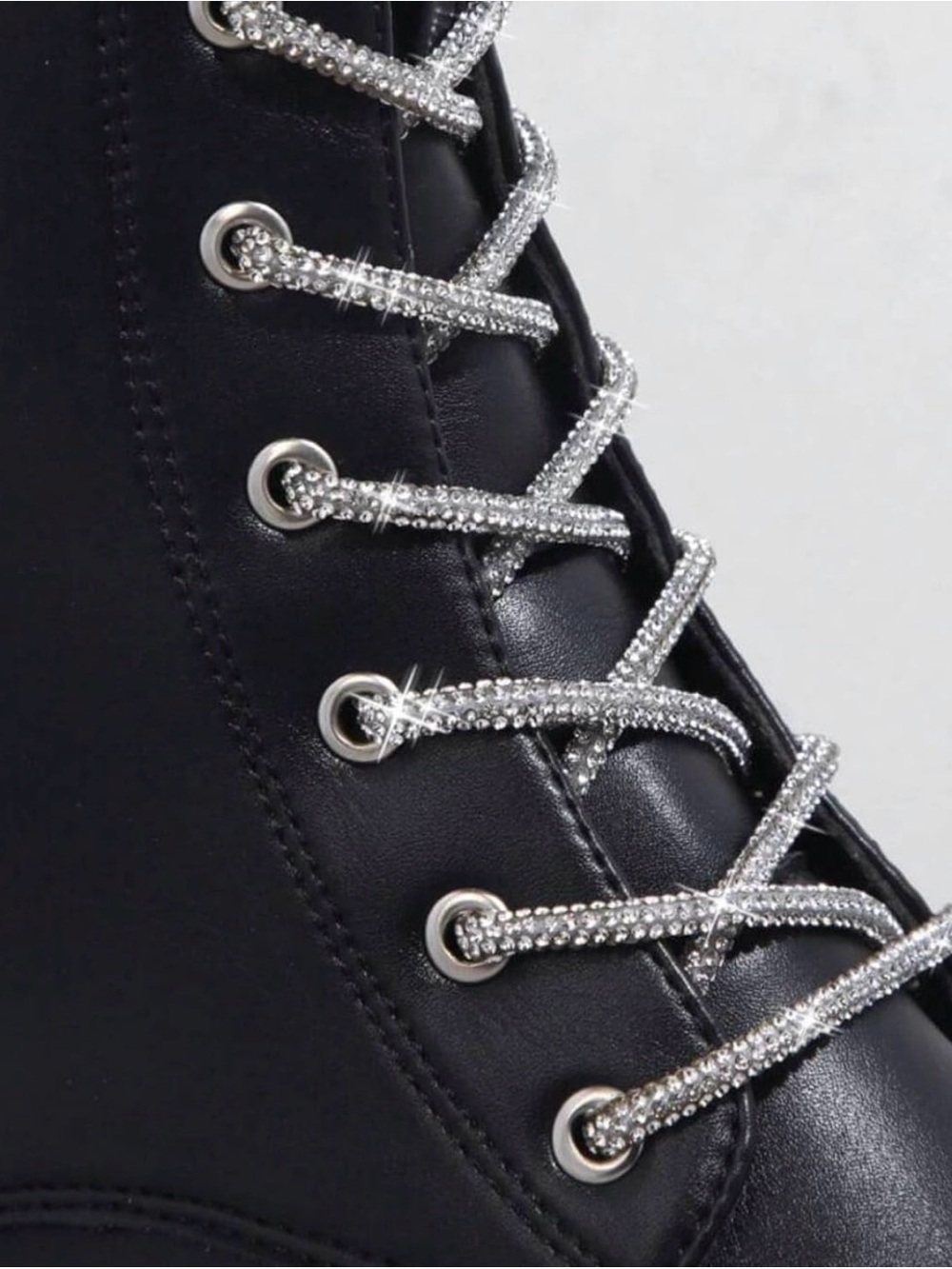 Wild Diva Black Lace-Up Platform Combat Boots with Silver Rhinestone Trim - Picture 5 of 6